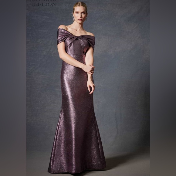 Teri Jon by Rickie Freeman Metallic Jacquard Bodice Off Shoulder Gown Dress - Picture 2 of 16